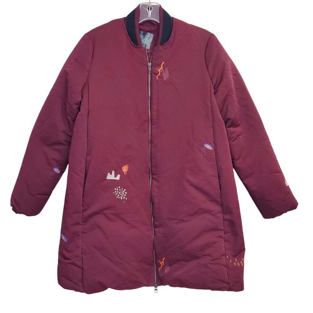 JNBY XL Hooded Duck Down‎ Coat Jacket Longer Puffer Burgundy Embroidered Artsy